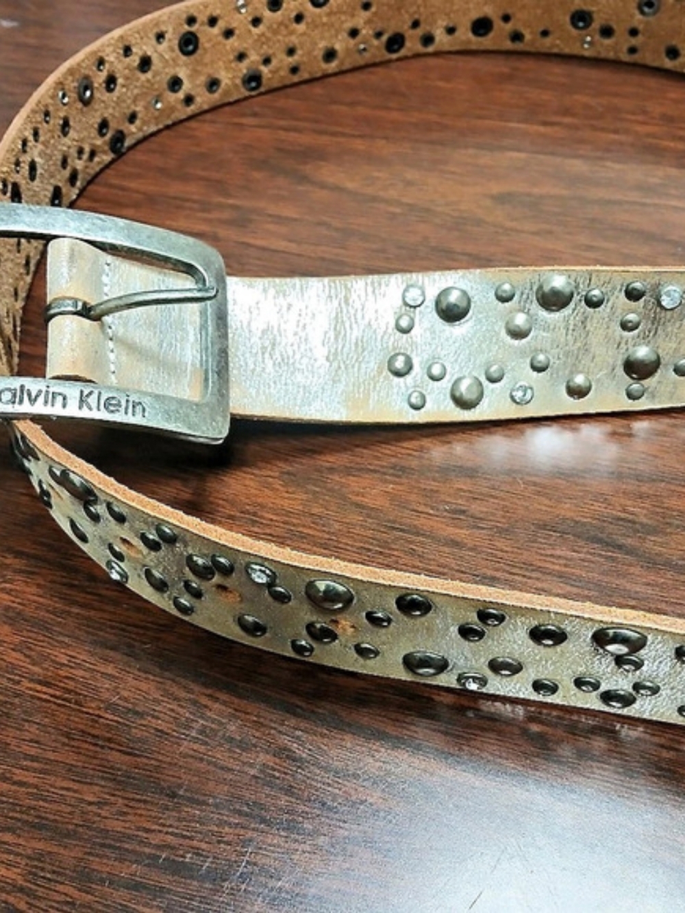 Calvin Klein Studded Leather Belt in Brown & Silver